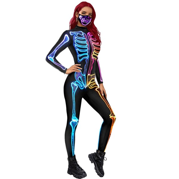 Bulk Jewelry Wholesale color polyester Halloween fluorescent skeleton printed ladies jumpsuit JDC-HW-NDB003 Wholesale factory from China YIWU China