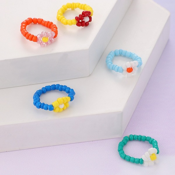 Bulk Jewelry Wholesale colored resin flowers woven rice bead ring 5 piece set JDC-RS-C207 Wholesale factory from China YIWU China