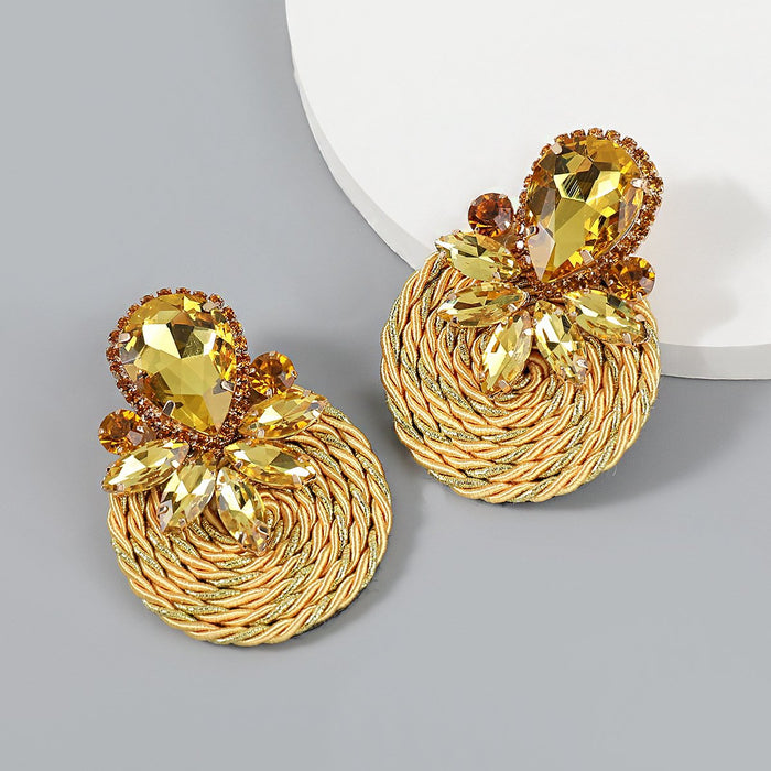 Wholesale colorful alloy Rhinestone elastic thread woven round earrings JDC-ES-GSJJ089 Earrings JoyasDeChina Yellow Wholesale Jewelry JoyasDeChina Joyas De China