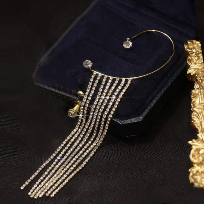 Wholesale copper C-shaped flashing diamond tassel earrings JDC-ES-XuF014 Earrings 旭帆 Single gold left ear Wholesale Jewelry JoyasDeChina Joyas De China