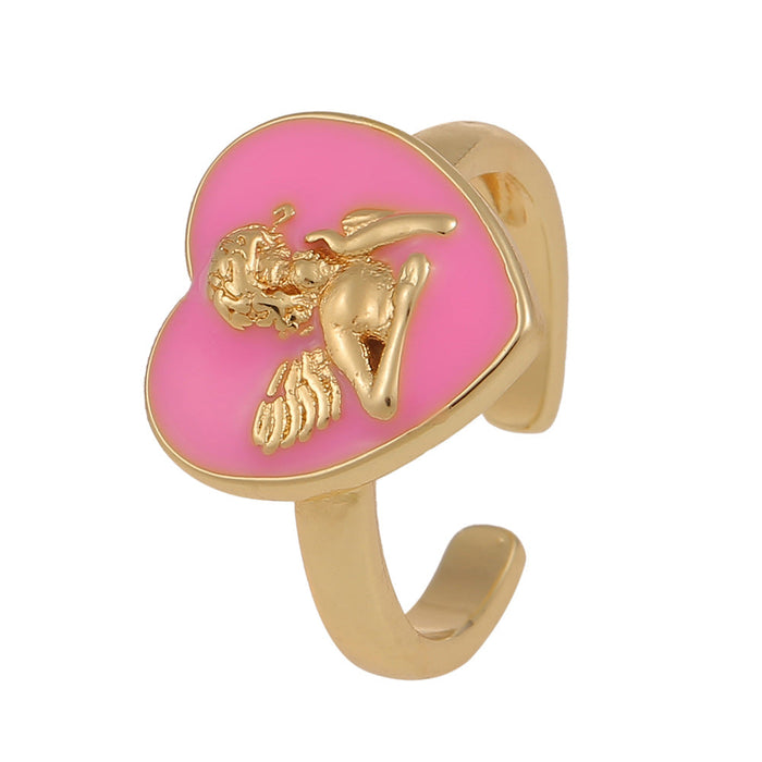 Wholesale copper inlaid zircon heart shaped angel rings JDC-RS-HX111 Rings JoyasDeChina pink Adjustable opening Wholesale Jewelry JoyasDeChina Joyas De China