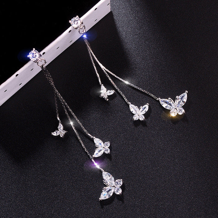 Wholesale Copper Silver Needle Zircon Butterfly Tassel Earrings JDC-ES-XuF111 Earrings 旭帆 Wholesale Jewelry JoyasDeChina Joyas De China