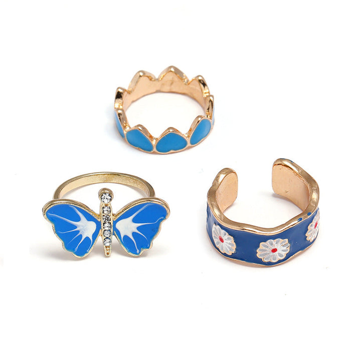 Wholesale Daisy butterfly love ring 3-piece set JDC-RS-KQ028 Rings JoyasDeChina Royal Blue KC gold Average code Wholesale Jewelry JoyasDeChina Joyas De China