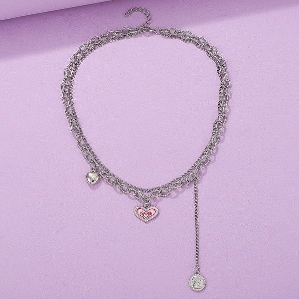 Wholesale double layer pink love heart pendant alloy necklaces JDC-NE-A090 Necklaces 妙雅 Wholesale Jewelry JoyasDeChina Joyas De China
