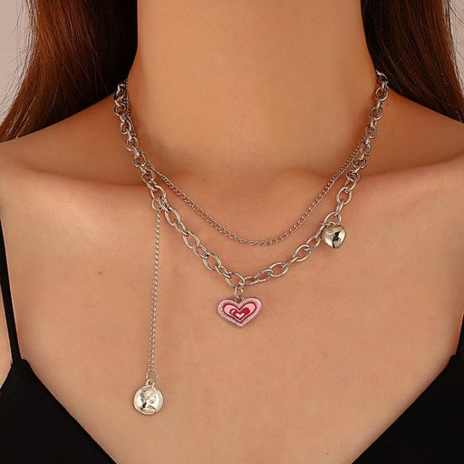 Wholesale double layer pink love heart pendant alloy necklaces JDC-NE-A090 Necklaces 妙雅 Wholesale Jewelry JoyasDeChina Joyas De China