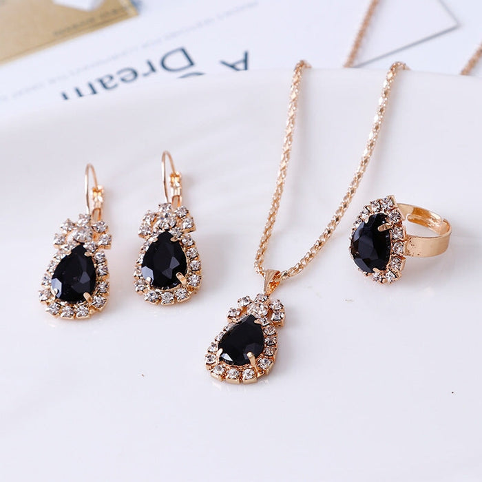 Wholesale drip rhinestone necklace earring ring alloy set MOQ≥2 JDC-NE-RL012 Necklaces 瑞列 MOQ2 black Wholesale Jewelry JoyasDeChina Joyas De China
