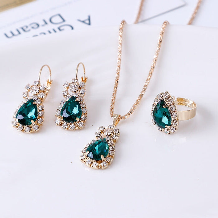 Wholesale drip rhinestone necklace earring ring alloy set MOQ≥2 JDC-NE-RL012 Necklaces 瑞列 MOQ2 Green Wholesale Jewelry JoyasDeChina Joyas De China