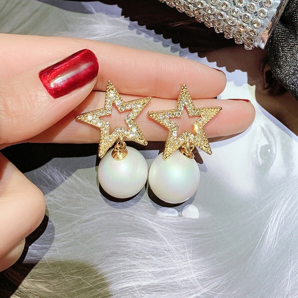 Bulk Jewelry Wholesale Earrings 925 silver needle Pentagram full diamond star imitation pearl JDC-ES-xc307 Wholesale factory from China YIWU China