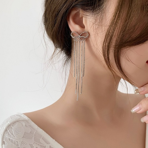 Bulk Jewelry Wholesale Earrings Silver diamond bow long tassel Alloy JDC-ES-W143 Wholesale factory from China YIWU China