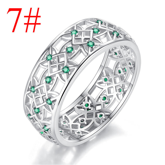 Wholesale Electroplated Copper Zircon Openwork Rings JDC-RS-MiMeng018 Rings 米萌 Green 7# Wholesale Jewelry JoyasDeChina Joyas De China