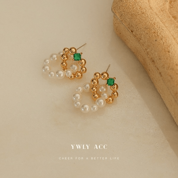 Wholesale Emerald Zircon Glass Pearl Stud Earrings JDC-ES-YWLY061 Earrings 丽轶 Wholesale Jewelry JoyasDeChina Joyas De China