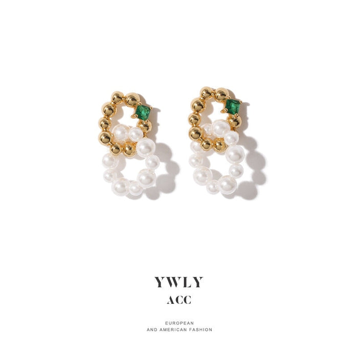Wholesale Emerald Zircon Glass Pearl Stud Earrings JDC-ES-YWLY061 Earrings 丽轶 Zircon Stud Earrings Wholesale Jewelry JoyasDeChina Joyas De China