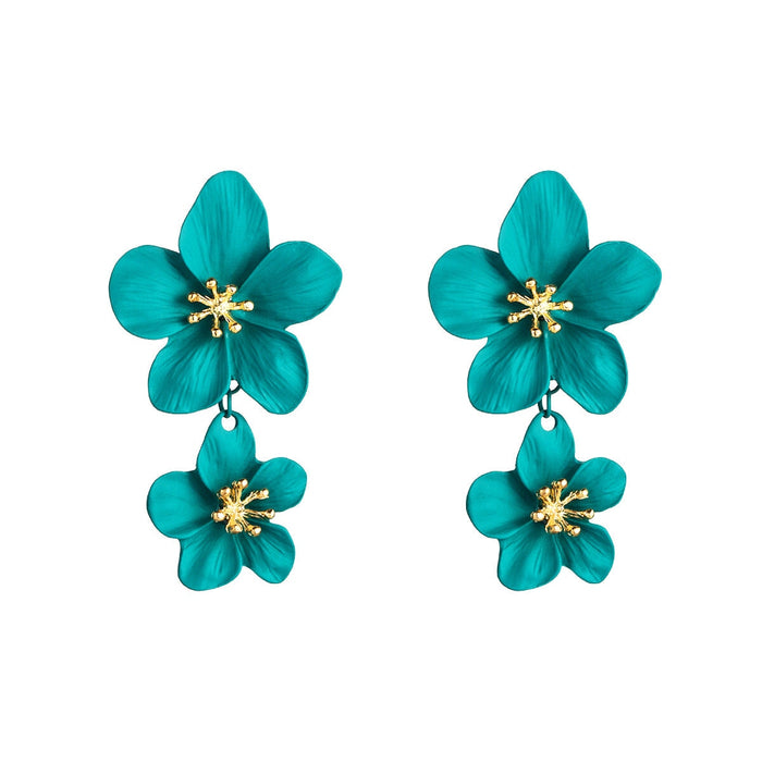 Wholesale flower double layer long green alloy earrings JDC-ES-HEM002 Earrings 和鸣 Blue green Wholesale Jewelry JoyasDeChina Joyas De China