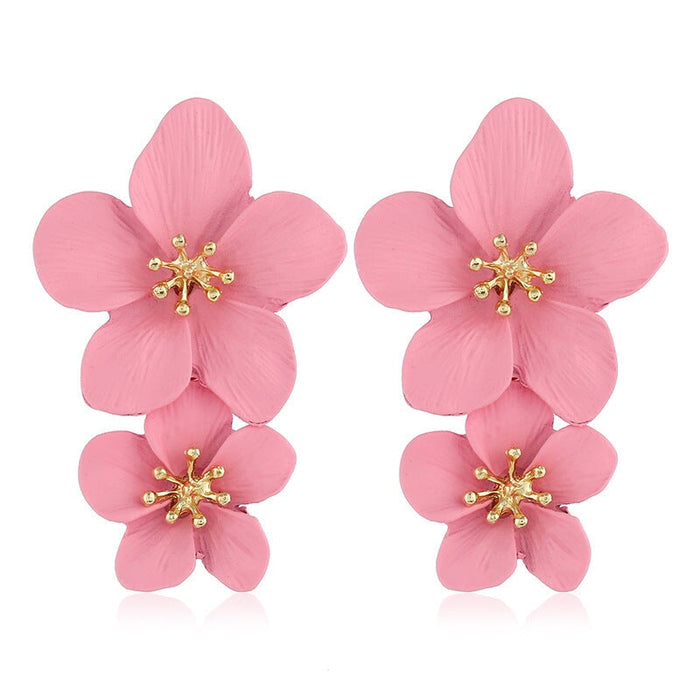 Wholesale flower double layer long green alloy earrings JDC-ES-HEM002 Earrings 和鸣 Pink Wholesale Jewelry JoyasDeChina Joyas De China