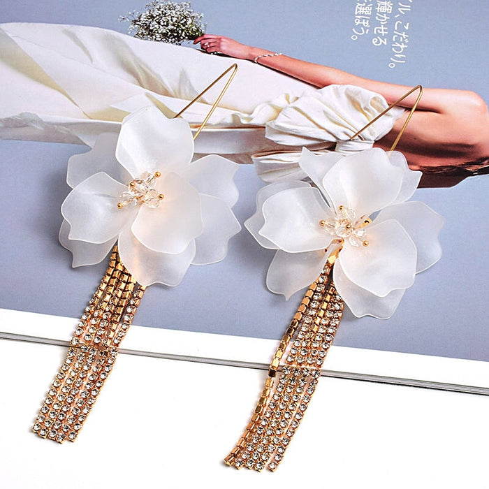 Wholesale Flower Shape Rhinestone Chain Tassel Plated Alloy Earrings JDC-ES-SK028 Earrings 深刻 Wholesale Jewelry JoyasDeChina Joyas De China