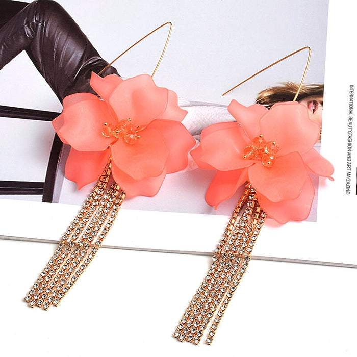 Wholesale Flower Shape Rhinestone Chain Tassel Plated Alloy Earrings JDC-ES-SK028 Earrings 深刻 pink Wholesale Jewelry JoyasDeChina Joyas De China