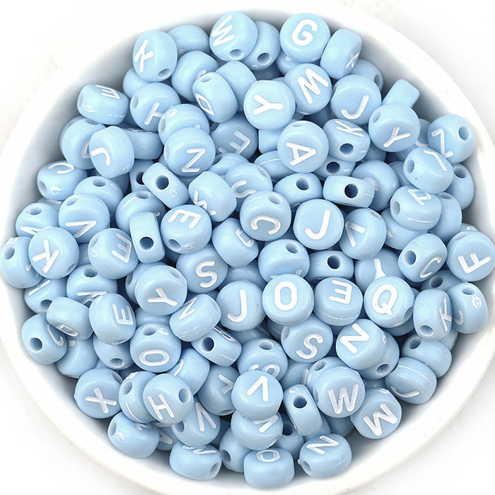 Wholesale from 2 pcs. acrylic mixed color letter beads diy beads 100pcs/pack JDC-DIY-LY003 DIY JoyasDeChina Blue background with white letters mixed The diameter is about 7mm, the thickness is about 4mm, the pore diameter is about 1.8mm, and each package is 100pcs Wholesale Jewelry JoyasDeChina Joyas De China