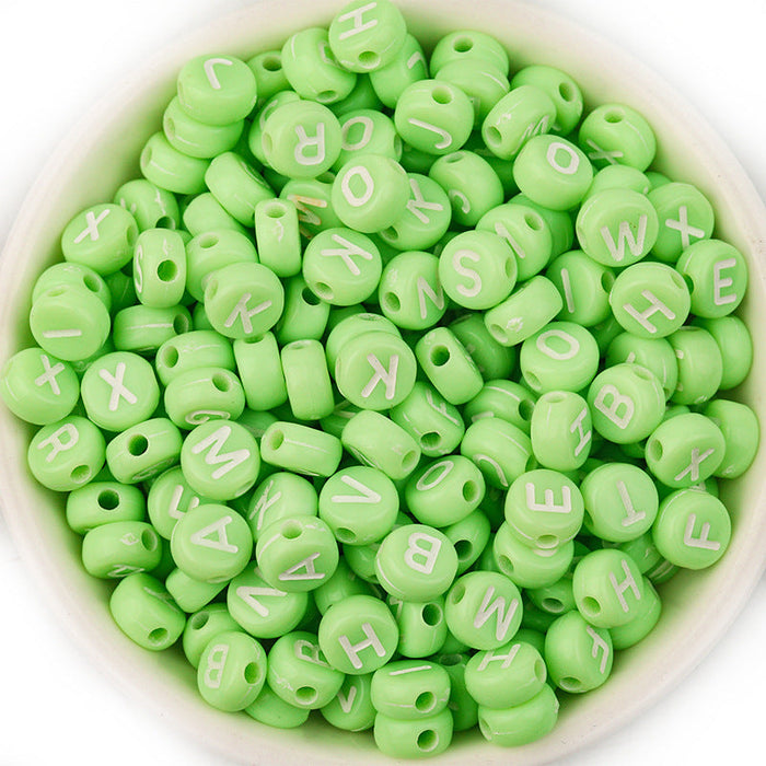 Wholesale from 2 pcs. acrylic mixed color letter beads diy beads 100pcs/pack JDC-DIY-LY003 DIY JoyasDeChina Mixed style with white letters on green background The diameter is about 7mm, the thickness is about 4mm, the pore diameter is about 1.8mm, and each package is 100pcs Wholesale Jewelry JoyasDeChina Joyas De China