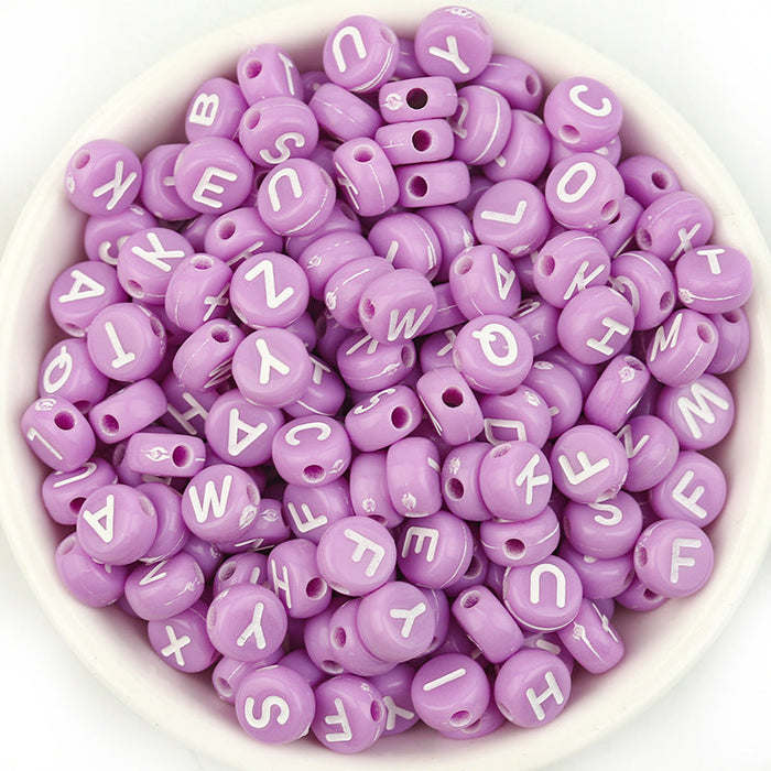 Wholesale from 2 pcs. acrylic mixed color letter beads diy beads 100pcs/pack JDC-DIY-LY003 DIY JoyasDeChina Purple background with white letters The diameter is about 7mm, the thickness is about 4mm, the pore diameter is about 1.8mm, and each package is 100pcs Wholesale Jewelry JoyasDeChina Joyas De China