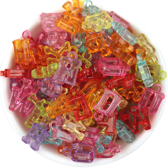 Wholesale from 2 pcs. diy color plastic letter beads beaded 100pcs/pack JDC-DIY-LY002 DIY JoyasDeChina Transparent color letter Bead Pendant The length is about 4.5mm-12.5mm (the width of a single letter is different), the thickness is about 3.7mm, and the hanger hole is about 2mm Wholesale Jewelry JoyasDeChina Joyas De China