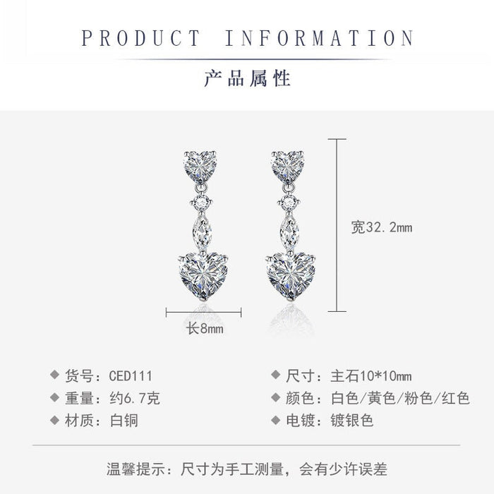 Wholesale full diamond heart long tassel yellow silver plated earrings JDC-ES-BZ014 Earrings 标志 Wholesale Jewelry JoyasDeChina Joyas De China