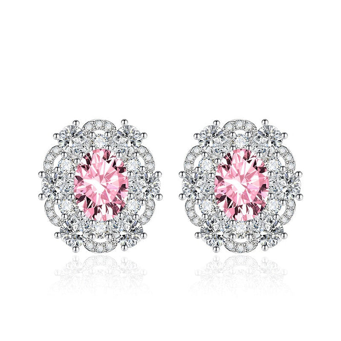 Wholesale glitter diamond flower plated silver stud earrings JDC-ES-BZ017 Earrings 标志 pink Wholesale Jewelry JoyasDeChina Joyas De China