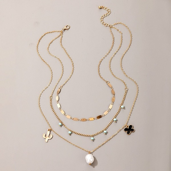 Bulk Jewelry Wholesale gold alloy cactus flower pearl 3-layer necklace JDC-NE-C058 Wholesale factory from China YIWU China
