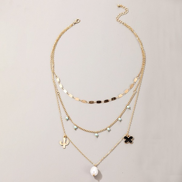 Bulk Jewelry Wholesale gold alloy cactus flower pearl 3-layer necklace JDC-NE-C058 Wholesale factory from China YIWU China
