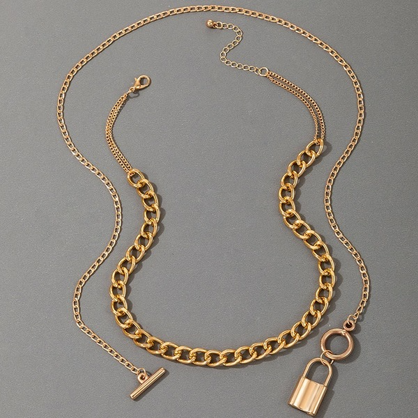 Bulk Jewelry Wholesale gold alloy chain buckle lock-shaped two-layer necklace JDC-NE-C074 Wholesale factory from China YIWU China