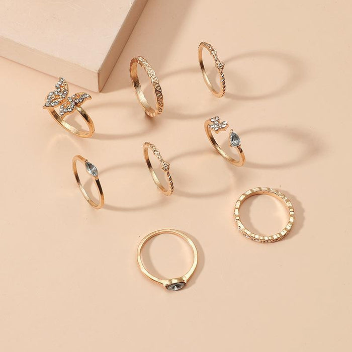 Bulk Jewelry Wholesale gold alloy diamond butterfly 8-piece ring JDC-RS-GSKQ019 Wholesale factory from China YIWU China