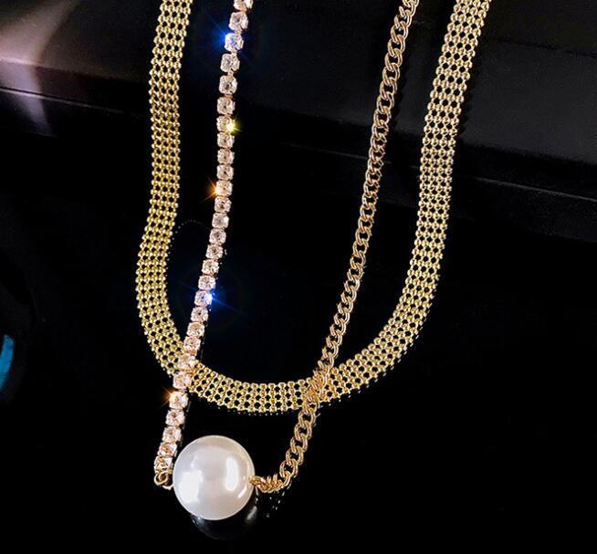 Bulk Jewelry Wholesale gold alloy double layer large pearl full diamond necklaces JDC-NE-sf022 Wholesale factory from China YIWU China