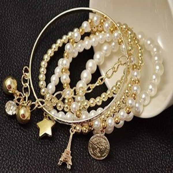 Bulk Jewelry Wholesale gold alloy Eiffel Tower pearl bracelet six-piece set JDC-BT-C042 Wholesale factory from China YIWU China