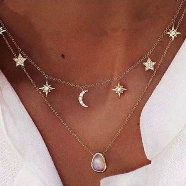 Bulk Jewelry Wholesale gold alloy pentagonal star moon-encrusted double-layer necklace JDC-NE-C079 Wholesale factory from China YIWU China