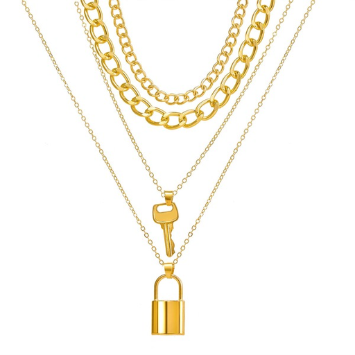 Bulk Jewelry Wholesale gold alloy personality trend thick chain key lock pendant four-layer necklace JDC-NE-F322 Wholesale factory from China YIWU China
