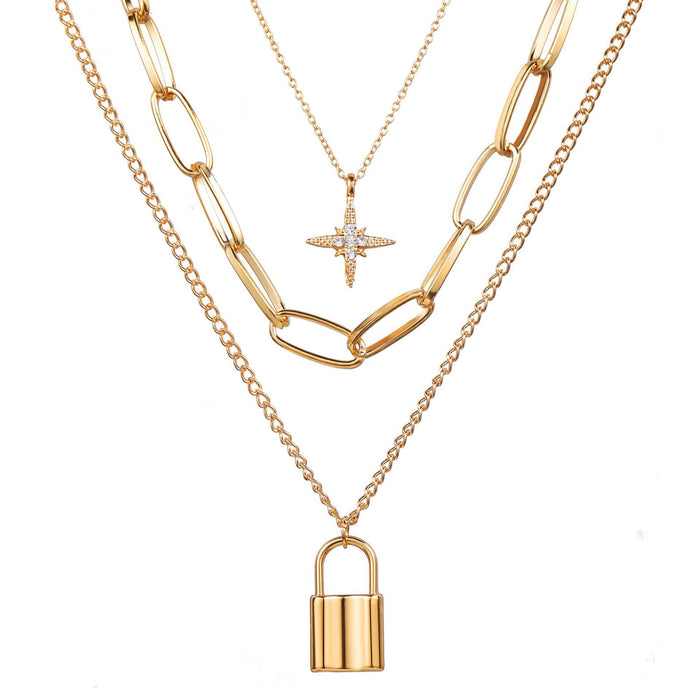 Bulk Jewelry Wholesale gold alloy retro minimalist eight-man star lock pendant thick chain necklace JDC-NE-F327 Wholesale factory from China YIWU China