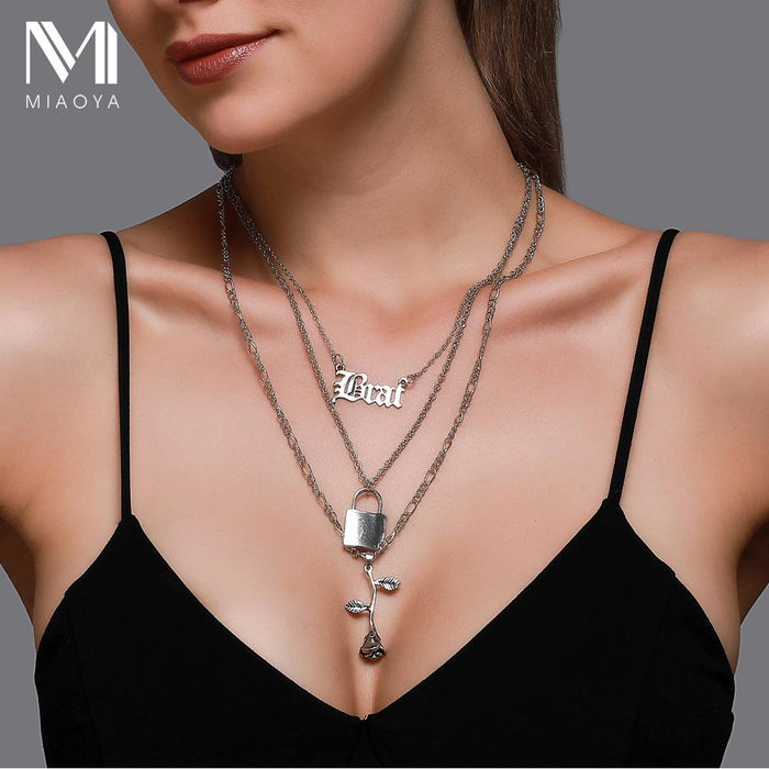 Bulk Jewelry Wholesale gold alloy rose cross lock letter multi-layer necklace JDC-NE-A352 Wholesale factory from China YIWU China