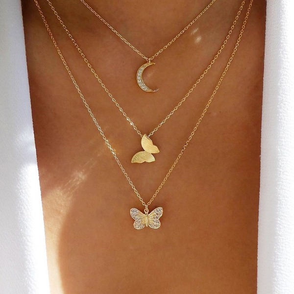 Bulk Jewelry Wholesale gold alloy set water drill butterfly pendant Jane about three-layer gold necklace  JDC-NE-F333 Wholesale factory from China YIWU China