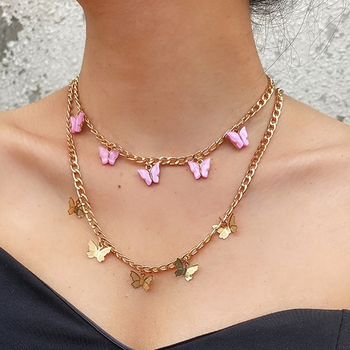Bulk Jewelry Wholesale gold alloy tassel pink butterfly necklace JDC-NE-KunJ023 Wholesale factory from China YIWU China