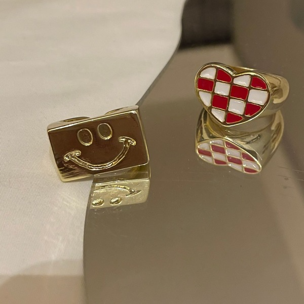 Bulk Jewelry Wholesale gold alloy wide love red and white plaid smiley face open ring JDC-RS-RXYQ001 Wholesale factory from China YIWU China