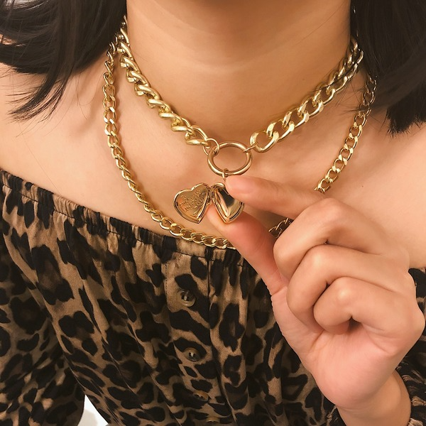 Bulk Jewelry Wholesale gold metal thick chain heart-shaped multilayer necklace female JDC-NE-KunJ038 Wholesale factory from China YIWU China