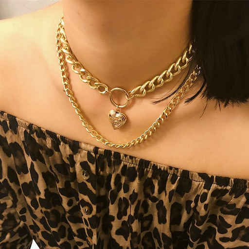 Bulk Jewelry Wholesale gold metal thick chain heart-shaped multilayer necklace female JDC-NE-KunJ038 Wholesale factory from China YIWU China