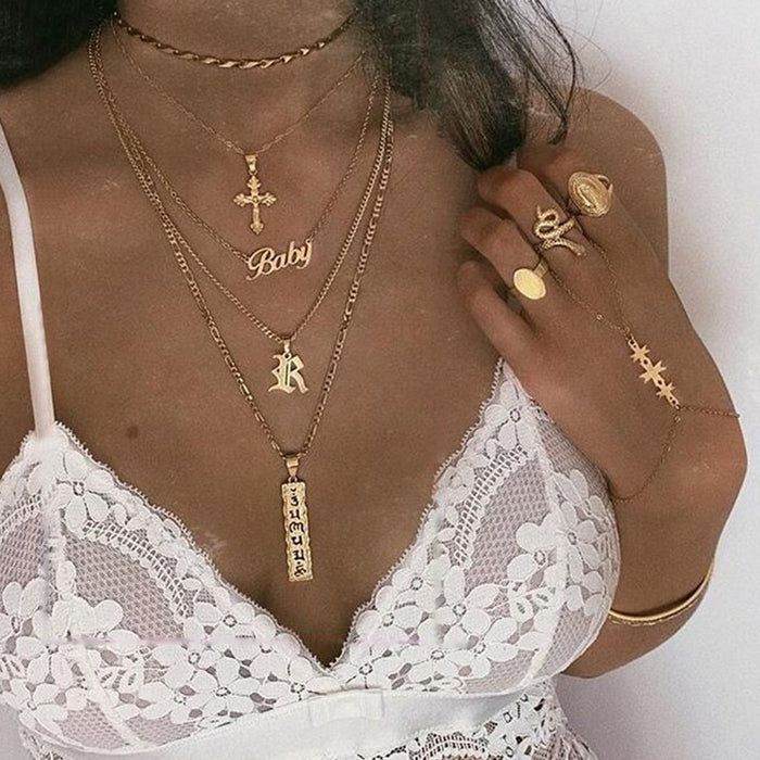 Bulk Jewelry Wholesale gold multilayer alloy necklace with baby letter cross JDC-NE-F359 Wholesale factory from China YIWU China