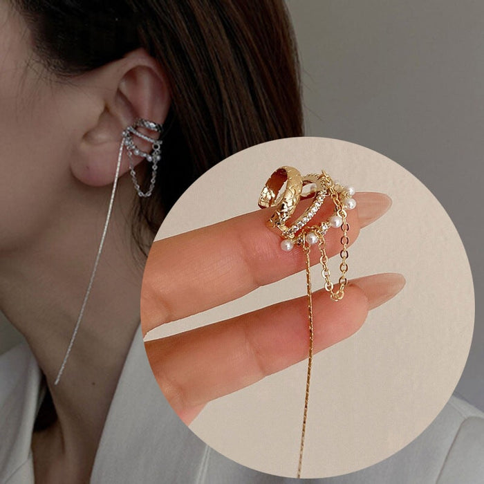 Wholesale gold pearl long tassel alloy ear clip JDC-ES-ChiH016 Earrings 池豪 Wholesale Jewelry JoyasDeChina Joyas De China