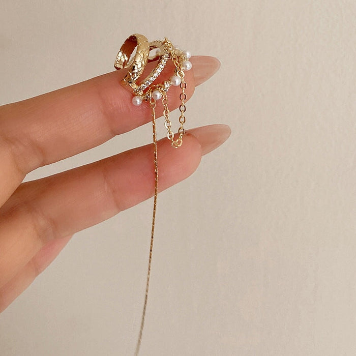 Wholesale gold pearl long tassel alloy ear clip JDC-ES-ChiH016 Earrings 池豪 Wholesale Jewelry JoyasDeChina Joyas De China
