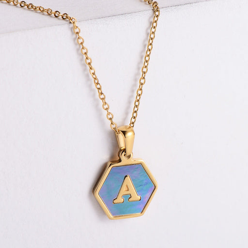 Wholesale Gold Plated Stainless Steel Blue Shell Letter Necklace JDC-NE-Aimi022 Necklaces 爱米 Wholesale Jewelry JoyasDeChina Joyas De China