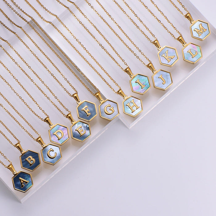 Wholesale Gold Plated Stainless Steel Blue Shell Letter Necklace JDC-NE-Aimi022 Necklaces 爱米 Wholesale Jewelry JoyasDeChina Joyas De China