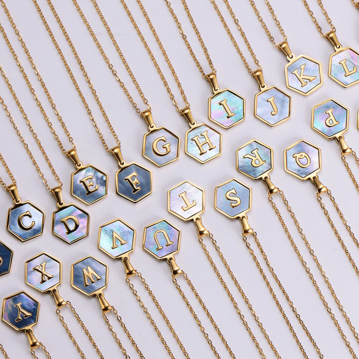 Wholesale Gold Plated Stainless Steel Blue Shell Letter Necklace JDC-NE-Aimi022 Necklaces 爱米 Wholesale Jewelry JoyasDeChina Joyas De China