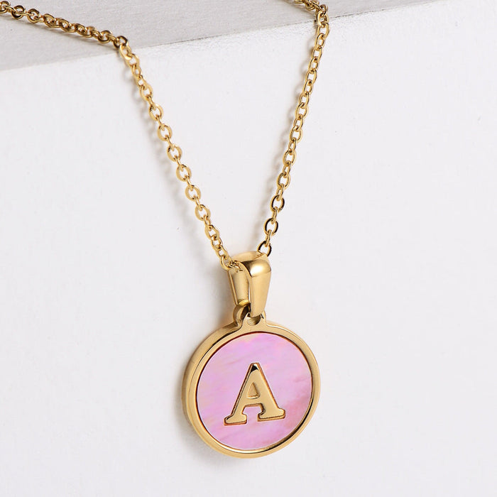 Wholesale Gold Plated Stainless Steel Pink Shell Letter Necklace JDC-NE-Aimi021 Necklaces 爱米 Wholesale Jewelry JoyasDeChina Joyas De China