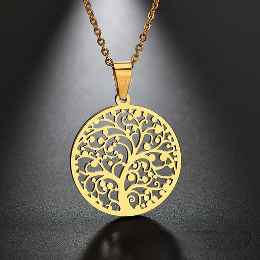 Wholesale gold Stainless Steel Tree of Life Necklace JDC-NE-RXSFL001 Necklaces JoyasDeChina Section b gold Wholesale Jewelry JoyasDeChina Joyas De China
