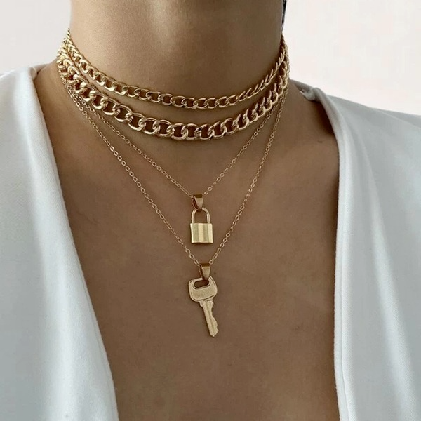 Bulk Jewelry Wholesale gold thick chain creative key lock pendant geometric alloy necklace JDC-NE-F332 Wholesale factory from China YIWU China